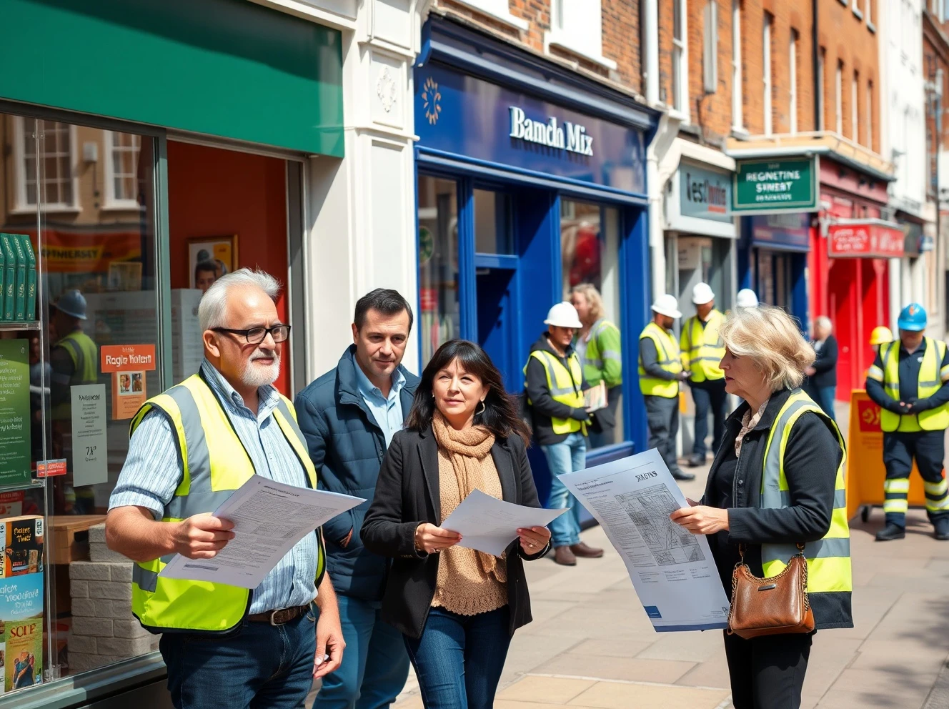 Small business owners discussing Pride in Place regeneration opportunities on revitalized high street