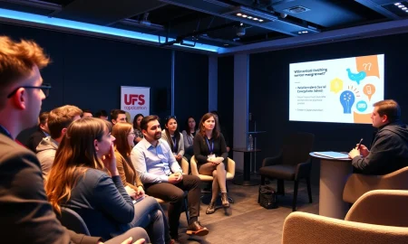 University students pitching at social enterprise competition in modern London venue