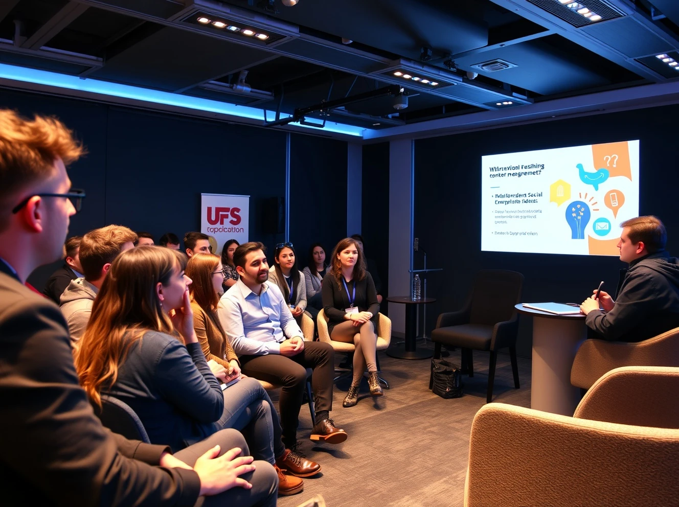 University students pitching at social enterprise competition in modern London venue