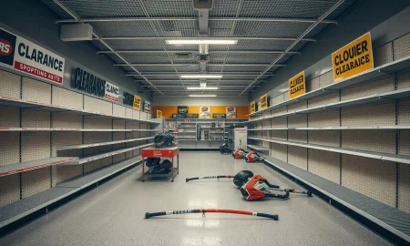 Empty sporting goods store showing retail closures and clearance sales