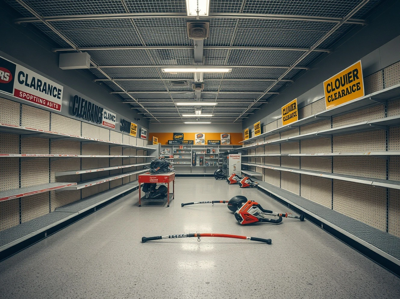 Empty sporting goods store showing retail closures and clearance sales