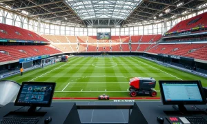 Automated sports venue operations with robotic field marking and digital management systems