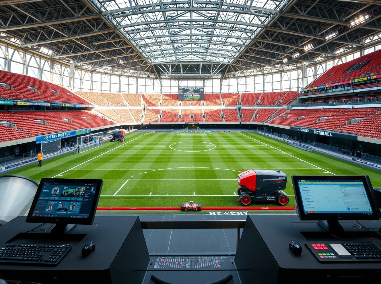 Automated sports venue operations with robotic field marking and digital management systems