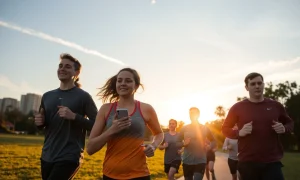 Strava IPO announcement showing diverse runners using the fitness app in urban setting