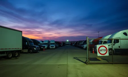 Troubled trucking company shutdown showing abandoned trucks and closed facilities