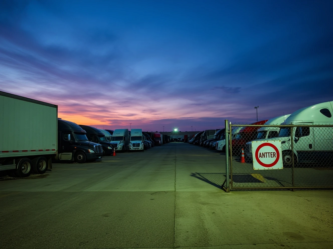 Troubled trucking company shutdown showing abandoned trucks and closed facilities