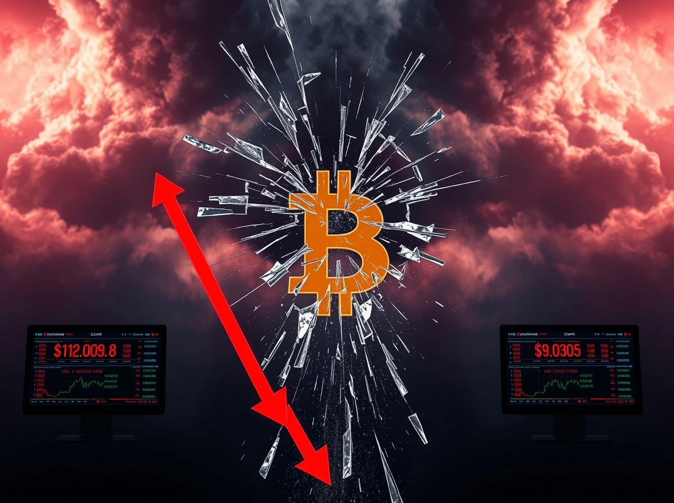 Bitcoin price chart crashing during crypto market crash with red downward arrows