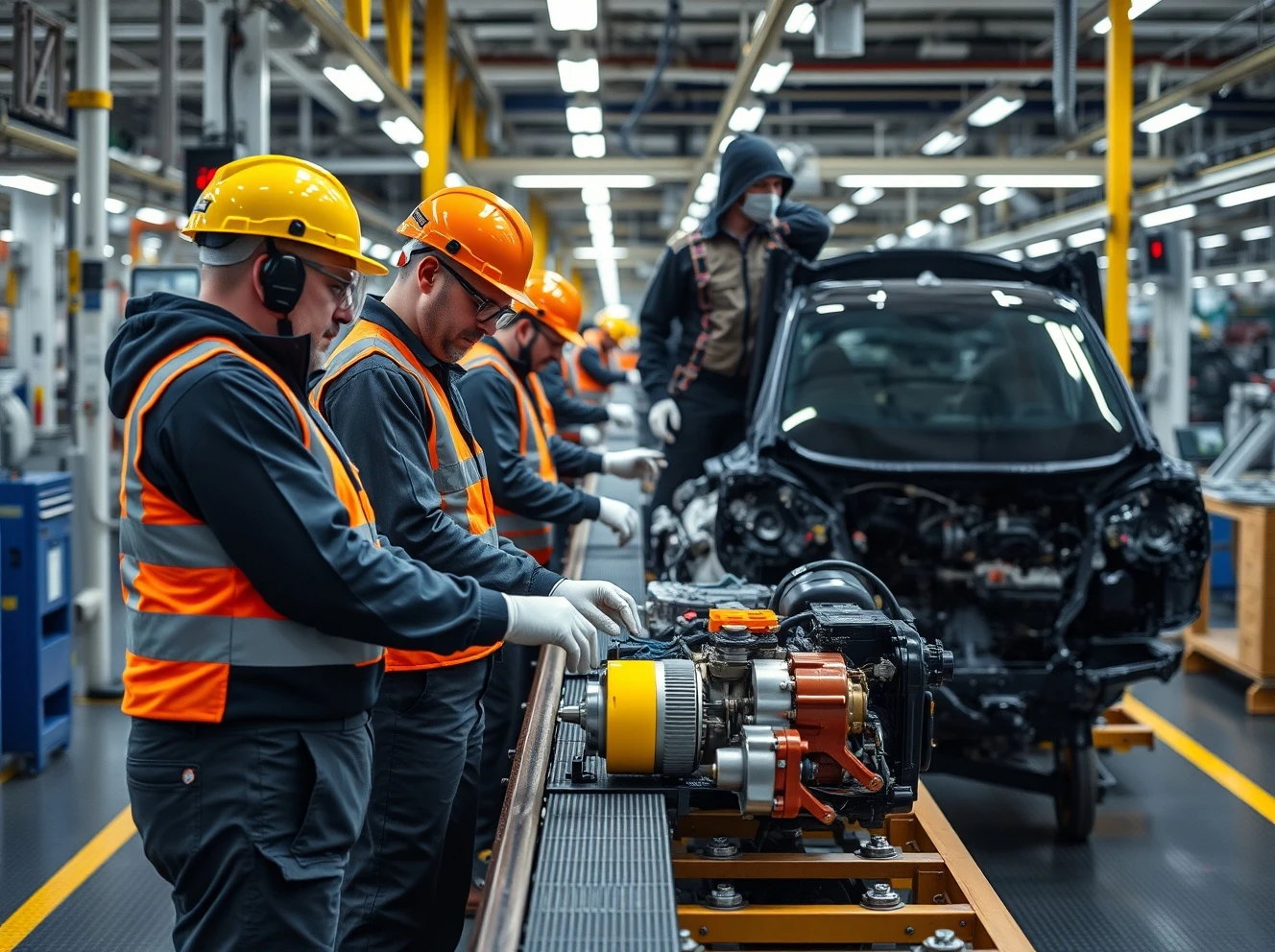 UK automotive supply chain workers addressing manufacturing challenges in modern factory