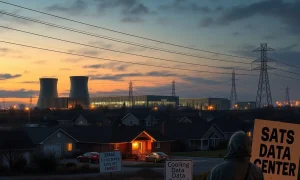 Community backlash against AI data center infrastructure boom in America showing residential and industrial conflict.