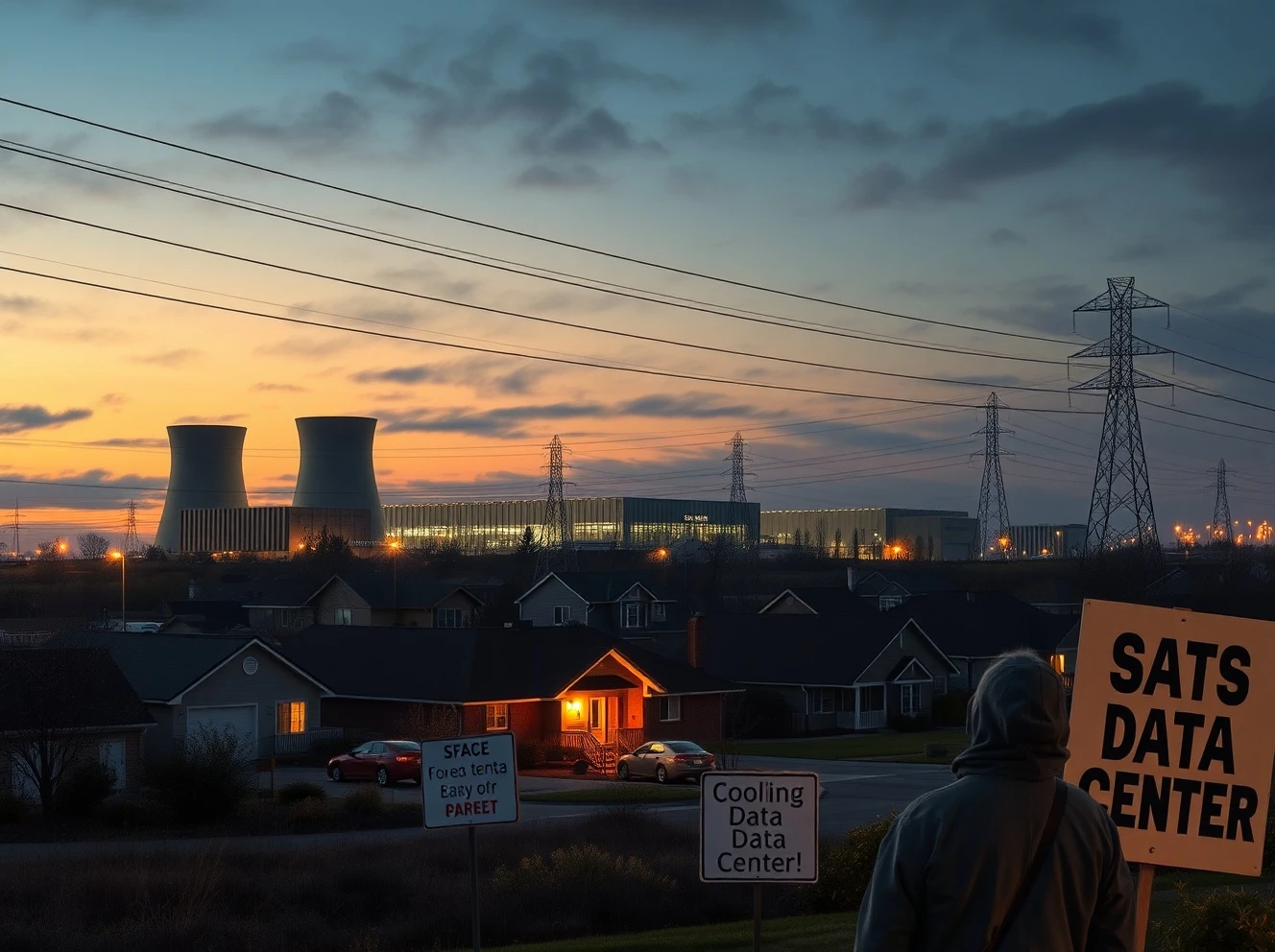 Community backlash against AI data center infrastructure boom in America showing residential and industrial conflict.