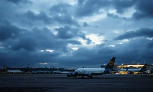 A major airline files for Chapter 11 bankruptcy protection on a quiet airport tarmac.