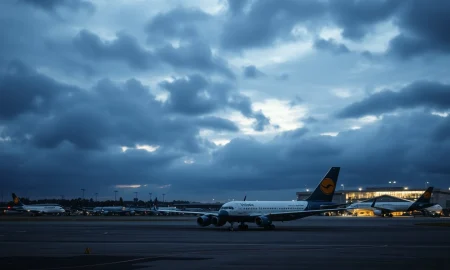 A major airline files for Chapter 11 bankruptcy protection on a quiet airport tarmac.