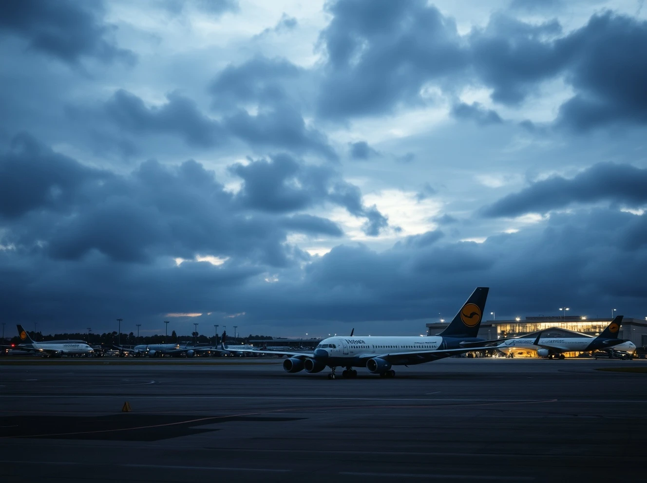 A major airline files for Chapter 11 bankruptcy protection on a quiet airport tarmac.