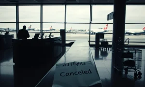 Airline shutdown after license revocation leaves passengers stranded at empty check-in counter.