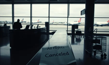 Airline shutdown after license revocation leaves passengers stranded at empty check-in counter.