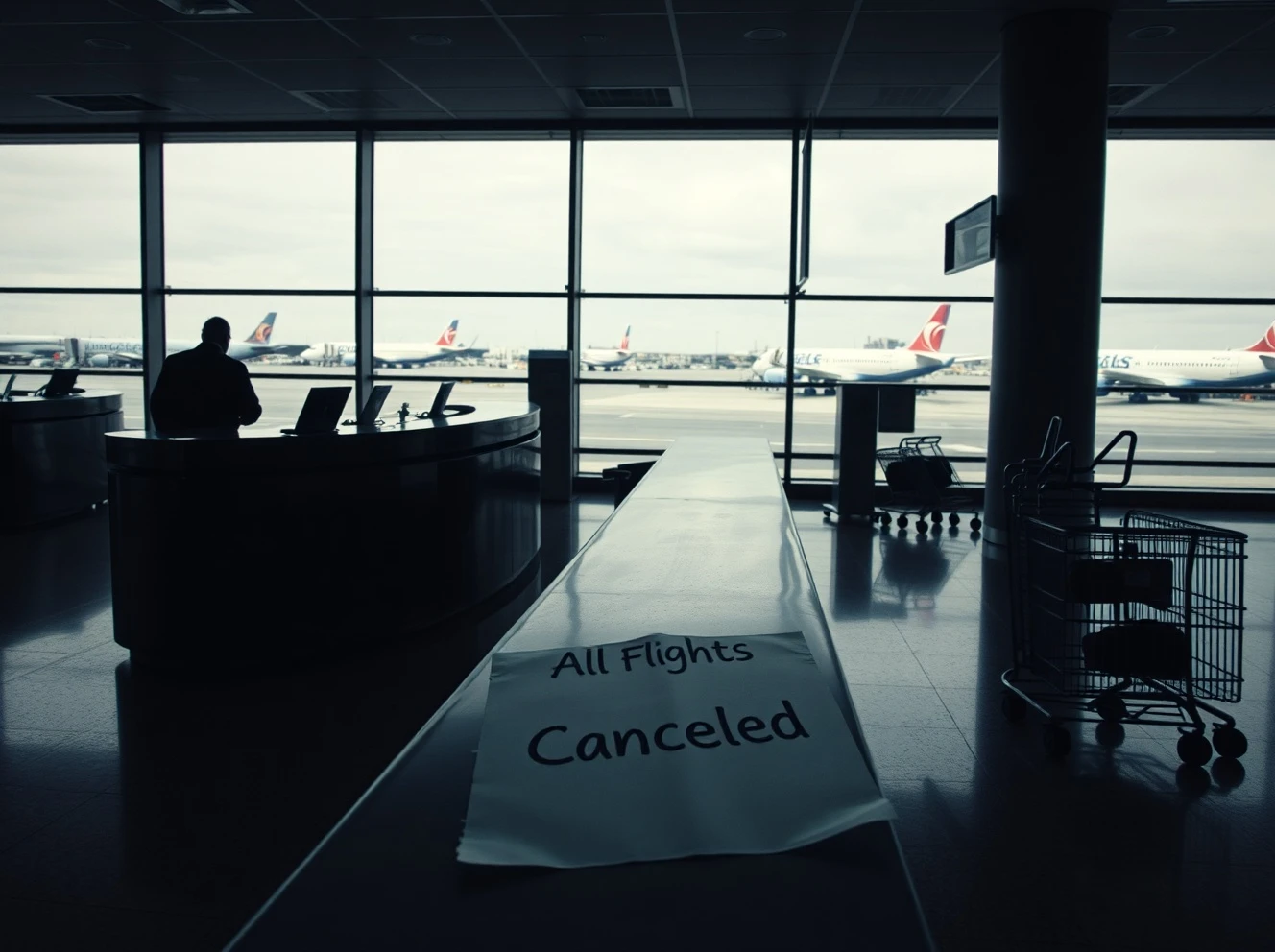 Airline shutdown after license revocation leaves passengers stranded at empty check-in counter.