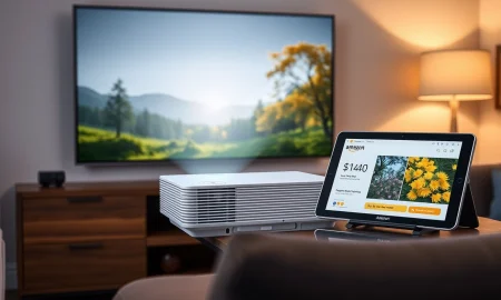 Amazon's discounted 4K home theater projector displaying vibrant imagery on a screen.