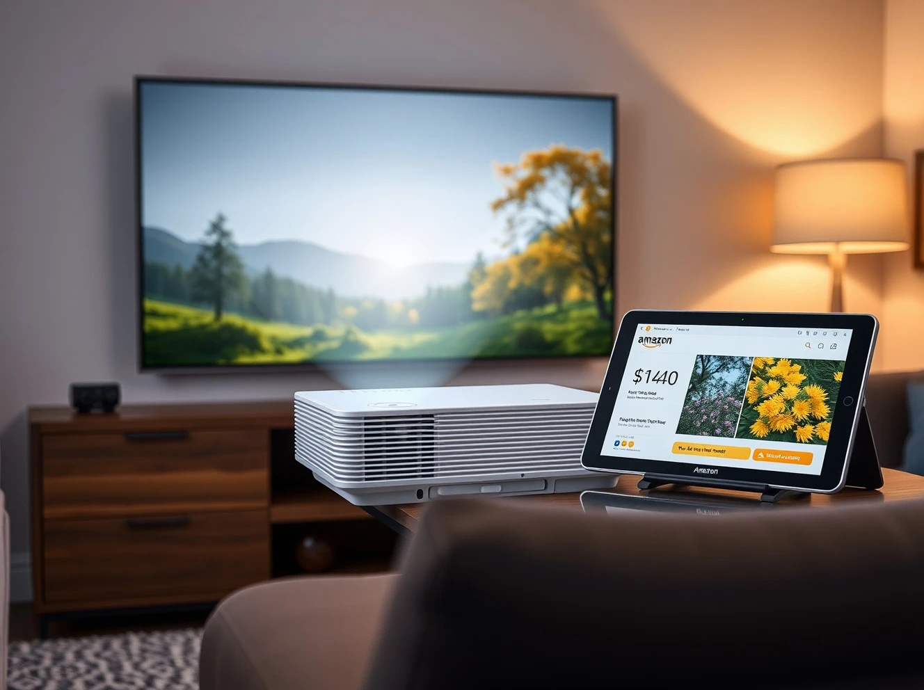 Amazon's discounted 4K home theater projector displaying vibrant imagery on a screen.