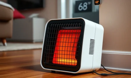 An affordable Amazon space heater providing quick warmth in a home office setting.