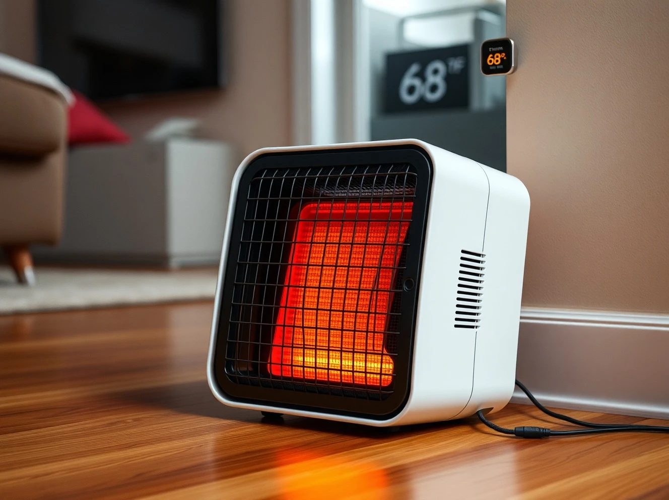 An affordable Amazon space heater providing quick warmth in a home office setting.