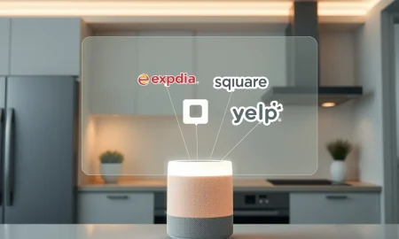 Amazon Alexa+ AI assistant integrating with Angi, Expedia, Square, and Yelp service logos