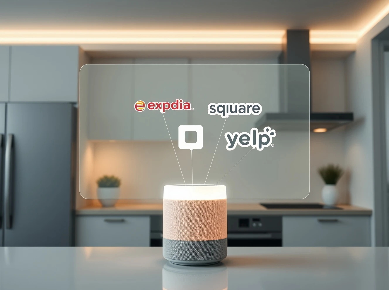 Amazon Alexa+ AI assistant integrating with Angi, Expedia, Square, and Yelp service logos