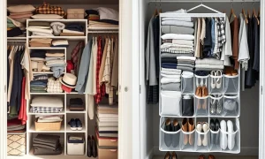 Amazon hanging closet organizer transforming messy storage into clean, accessible space