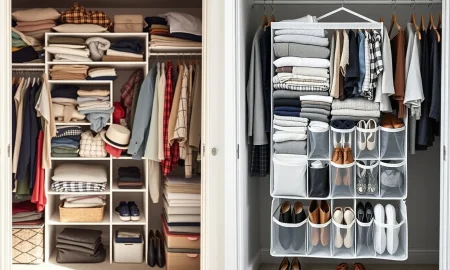 Amazon hanging closet organizer transforming messy storage into clean, accessible space