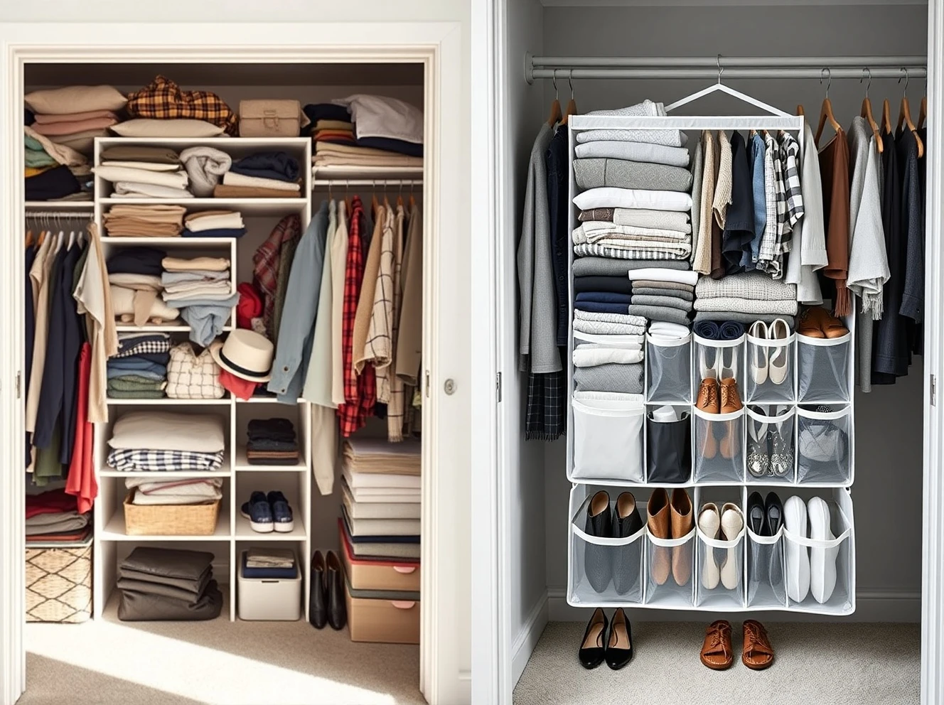 Amazon hanging closet organizer transforming messy storage into clean, accessible space