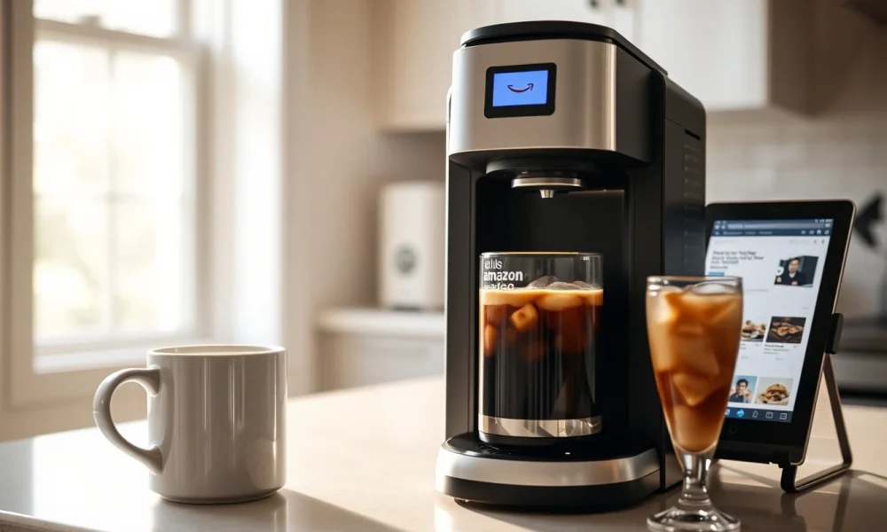 Compact Amazon coffee maker brewing both hot and iced coffee for home use