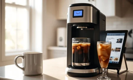 Compact Amazon coffee maker brewing both hot and iced coffee for home use