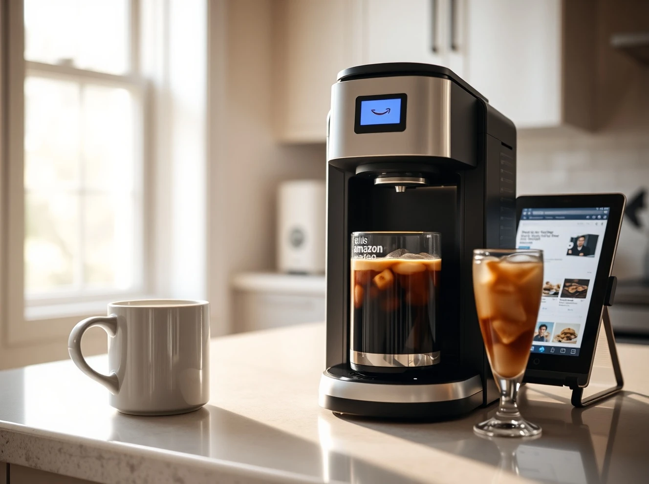 Compact Amazon coffee maker brewing both hot and iced coffee for home use