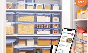 Amazon pantry organizer bins neatly storing dry goods in a modern kitchen pantry.