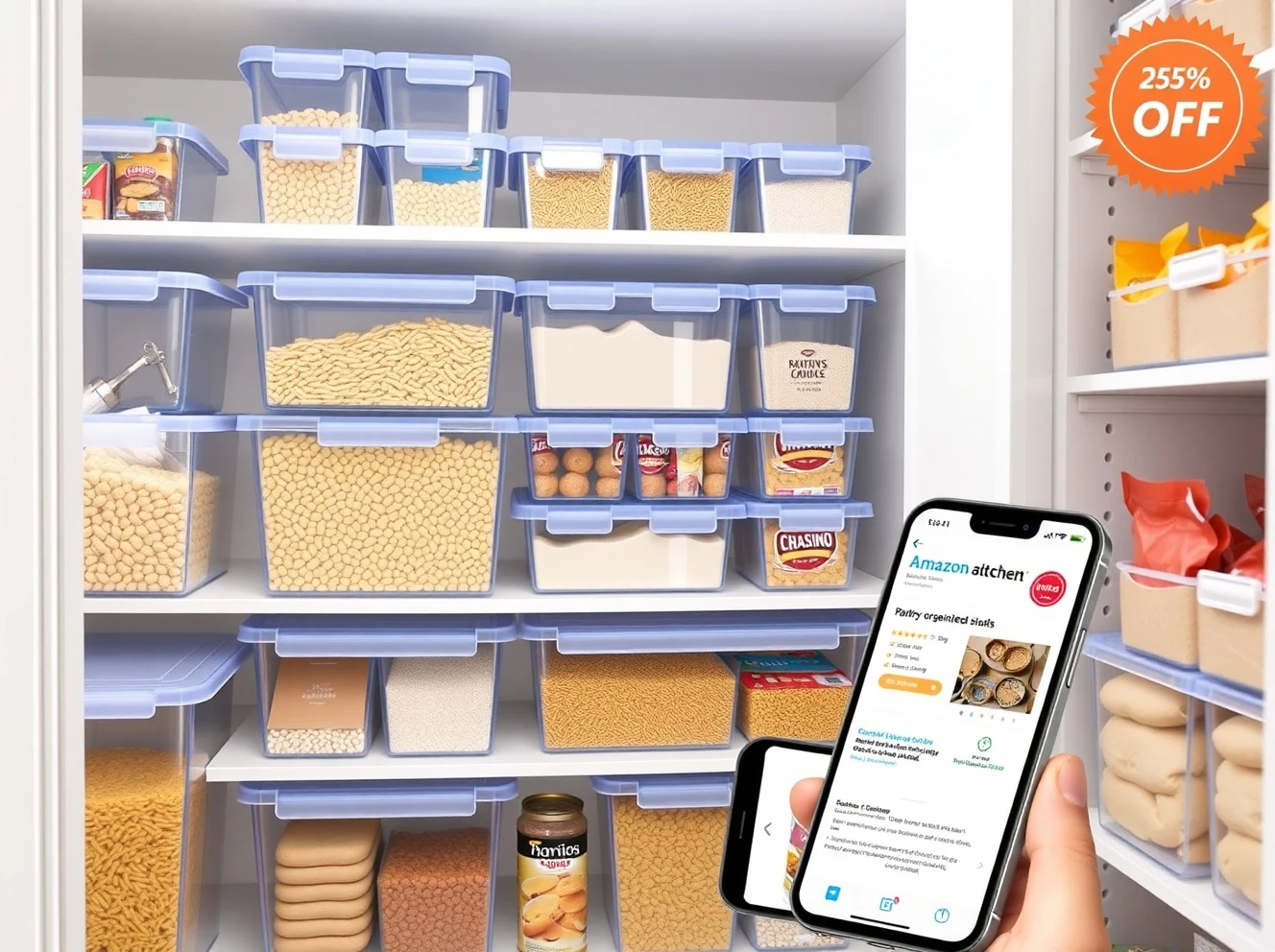 Amazon pantry organizer bins neatly storing dry goods in a modern kitchen pantry.