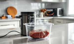 Amazon's affordable sous vide cooker preparing perfectly cooked steak with precision temperature control