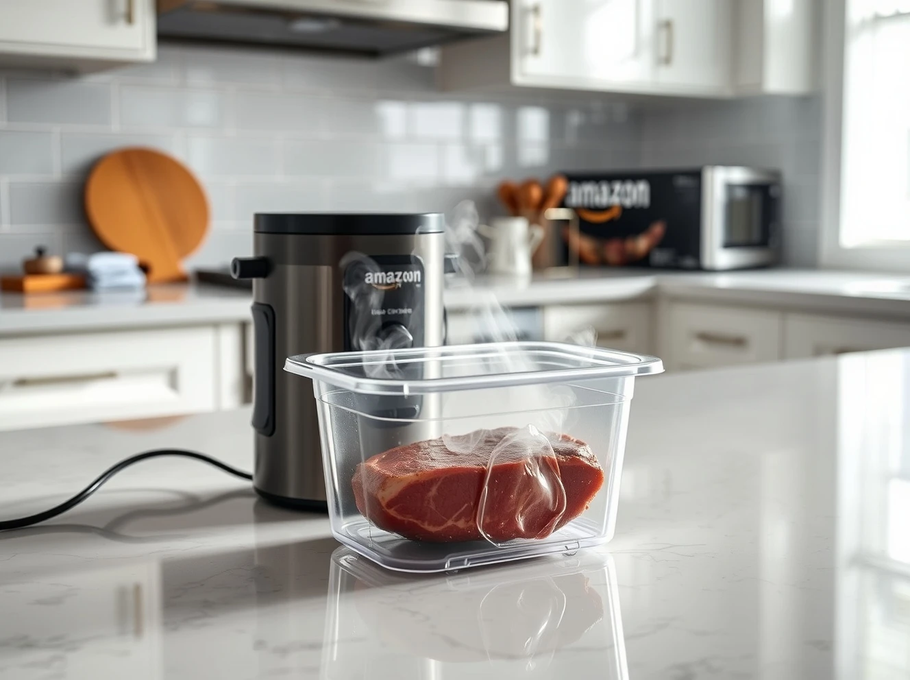 Amazon's affordable sous vide cooker preparing perfectly cooked steak with precision temperature control