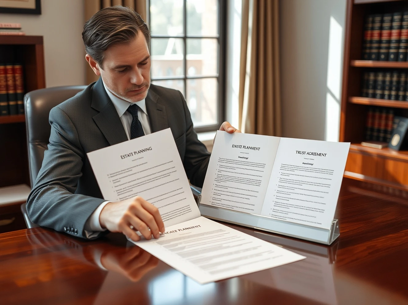 Attorney comparing beneficiary designation and trust documents for estate planning