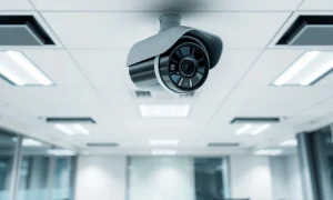 Modern office security camera system installed for comprehensive business surveillance and theft prevention.
