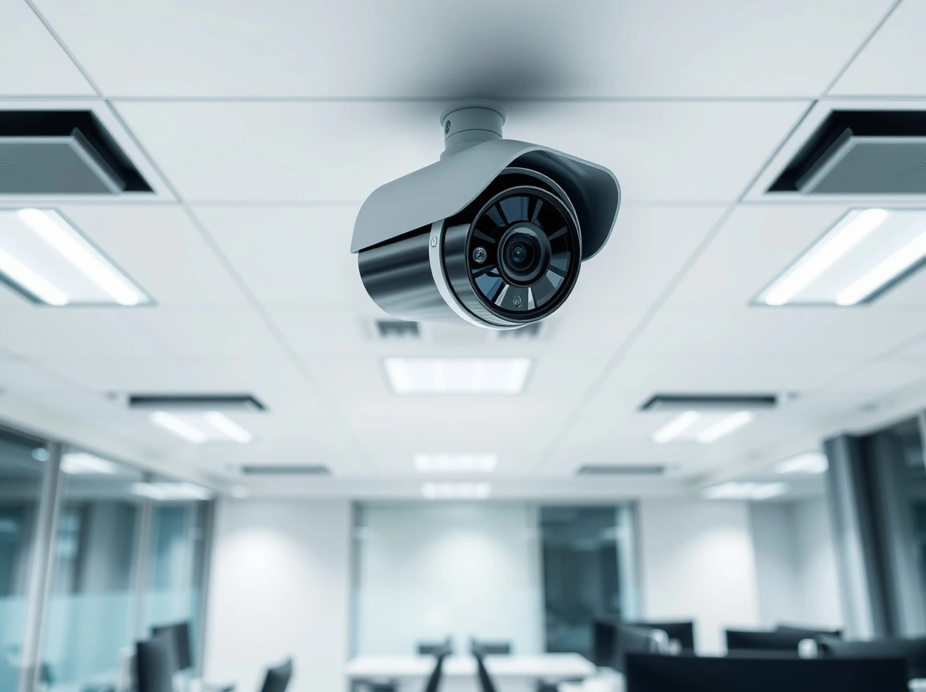 Modern office security camera system installed for comprehensive business surveillance and theft prevention.