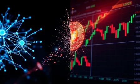 Bitcoin price volatility contrasted with AI economic growth predictions showing market uncertainty
