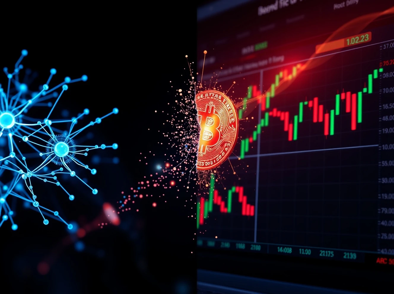 Bitcoin price volatility contrasted with AI economic growth predictions showing market uncertainty