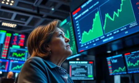 Cathie Wood analyzes energy stock investment data on a trading floor display.