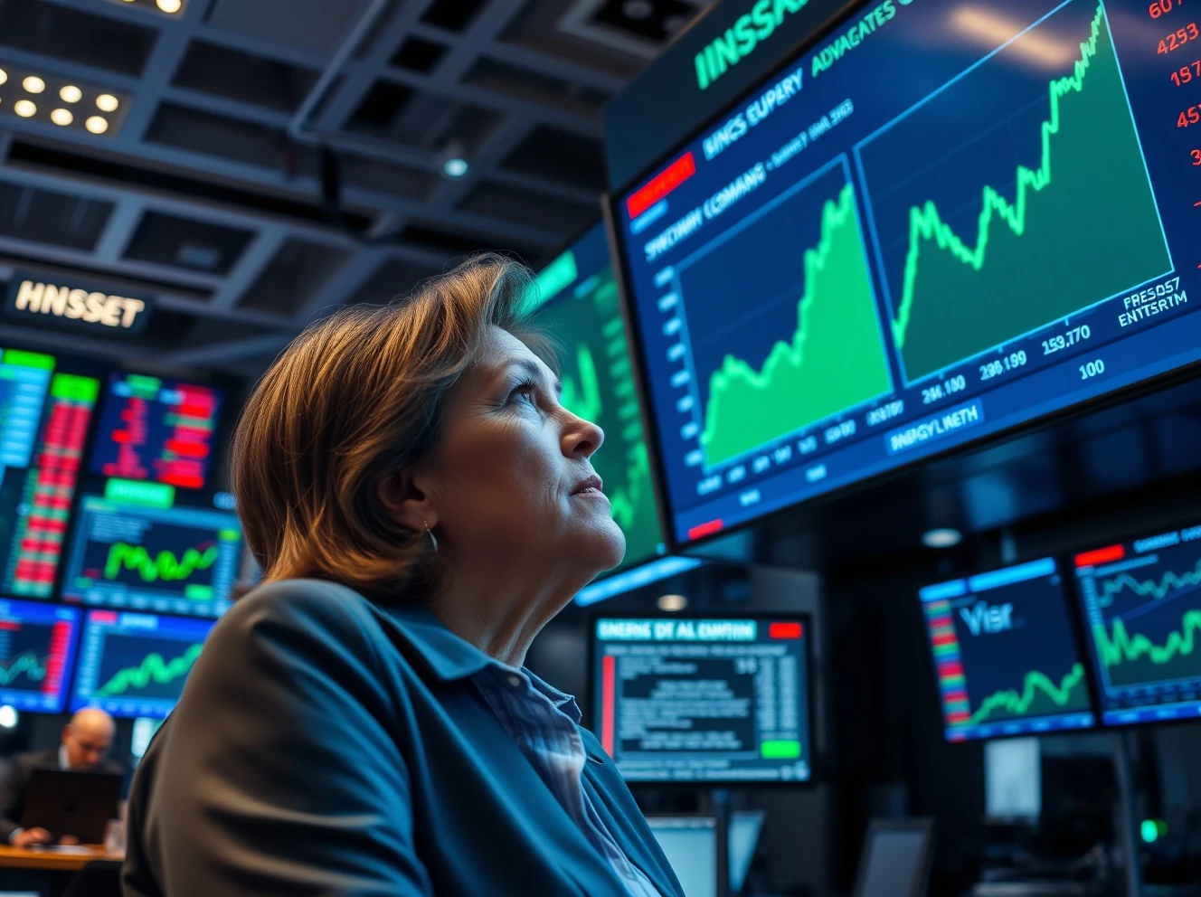 Cathie Wood analyzes energy stock investment data on a trading floor display.