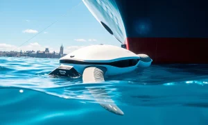 Autonomous hull cleaning robot removing biofouling from ship to reduce fuel consumption and emissions