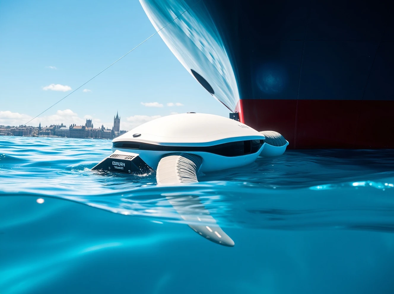 Autonomous hull cleaning robot removing biofouling from ship to reduce fuel consumption and emissions