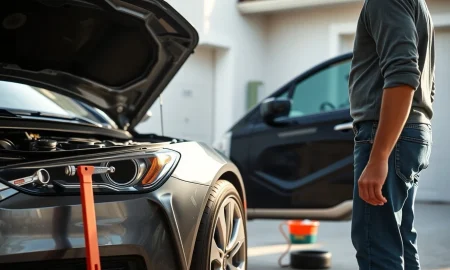 Person performing essential car maintenance tasks including tire pressure check and fluid inspection