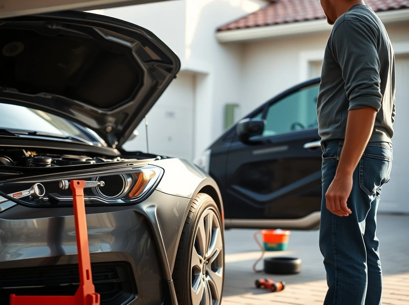 Person performing essential car maintenance tasks including tire pressure check and fluid inspection
