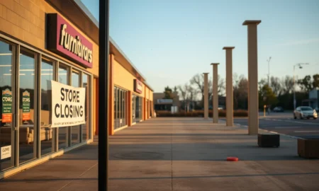 Empty furniture store with closing sign marks the end of a 73-year retail chain, leaving customers upset.