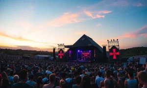 Glastonbury Festival's Pyramid Stage during a headline performance, symbolizing record profits and charity impact.