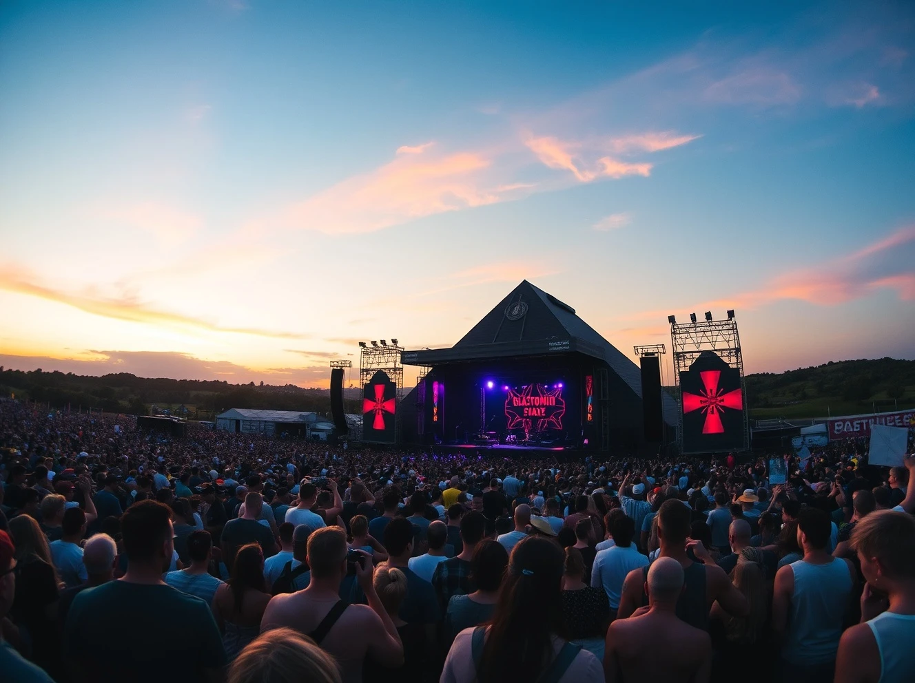 Glastonbury Festival's Pyramid Stage during a headline performance, symbolizing record profits and charity impact.